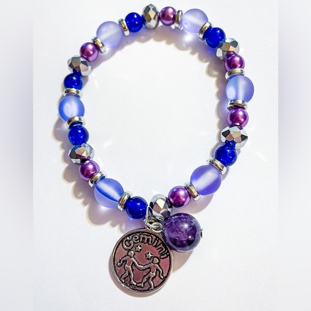 Purple Bead Gemini Zodiac Charm Bracelet